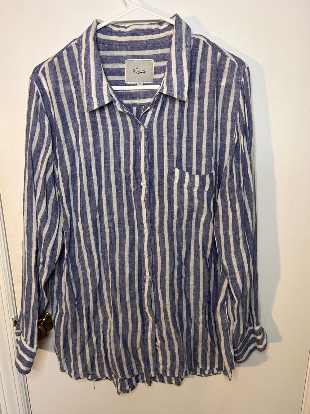 RAILS CHARLI LINEN BLEND BLUE & WHITE STRIPED SHIRT W/ SILVER LUREX SZ LARGE